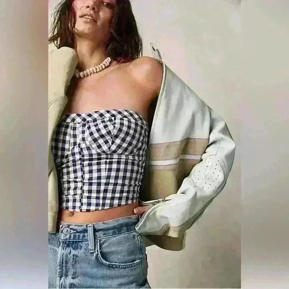 Free People Navy & White Gingham Strapless Bustier Top